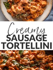 Tomato sausage tortellini will be a new favorite when you need big flavor in no time. It's a cozy, easy recipe that brings together tender pockets of pasta, creamy tomato sauce, flavorful Italian sausage, and ribbons of dark leafy greens—all in a one-pan wonder.