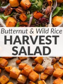 This colorful fall salad with butternut squash and wild rice incorporates so many beautiful flavors of autumn and winter: dark leafy greens, tender roasted butternut cubes, sweet dried fruit, crunchy pecans, and a bright homemade vinaigrette with a hint of citrus. This is a salad worth sharing for Thanksgiving or Christmas, but also a treat to yourself for everyday lunch or dinner.