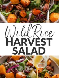 This colorful fall salad with butternut squash and wild rice incorporates so many beautiful flavors of autumn and winter: dark leafy greens, tender roasted butternut cubes, sweet dried fruit, crunchy pecans, and a bright homemade vinaigrette with a hint of citrus. This is a salad worth sharing for Thanksgiving or Christmas, but also a treat to yourself for everyday lunch or dinner.