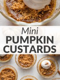 Charming miniature pumpkin custards have all the flavor of pumpkin pie in a sweet single serving size topped with buttery graham cracker crumbs and whipped cream. Better yet, the custard is easy to whip up in one bowl and even easier to bake to creamy perfection.