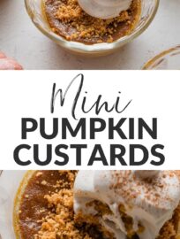 Charming miniature pumpkin custards have all the flavor of pumpkin pie in a sweet single serving size topped with buttery graham cracker crumbs and whipped cream. Better yet, the custard is easy to whip up in one bowl and even easier to bake to creamy perfection.