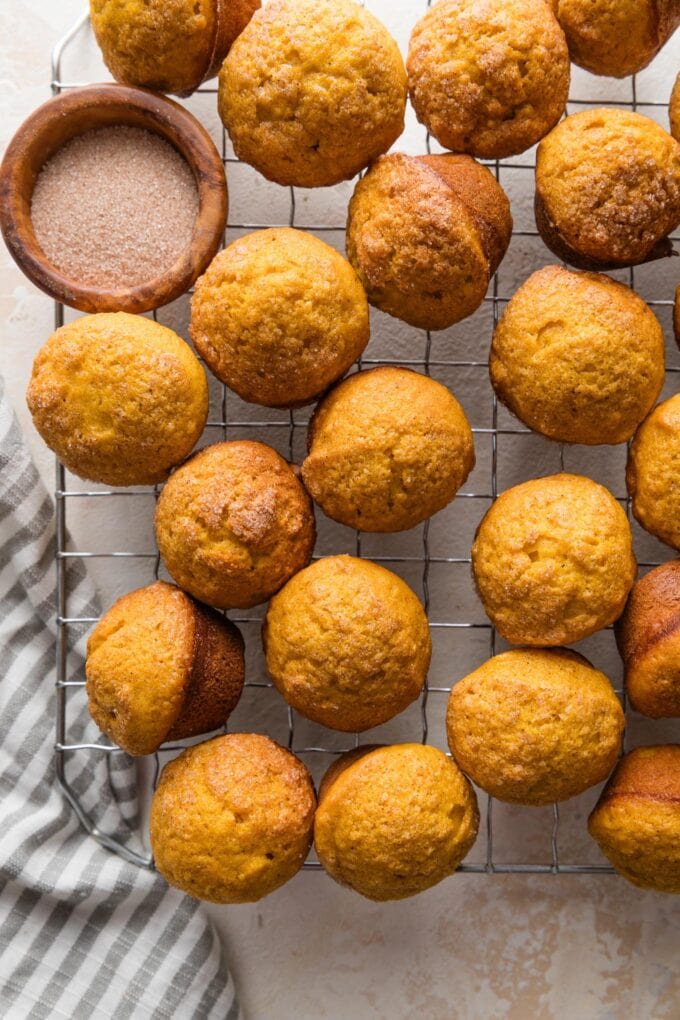 Close up image of miniature two-bite pumpkin muffins set out on a cooling rack.