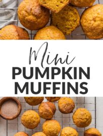 Sweet, simple, and easy to make, these miniature pumpkin muffins are just plain fun. The muffins are tender, packed with nutmeg, ginger, and cloves, and topped with a sparkle of cinnamon sugar. They make a big batch, so get ready to share a sweet two-bite treat with a deserving friend or neighbor!