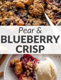 With tender, cinnamon- and ginger-spiced fruit tucked under a delightfully sweet yet light topping, this cozy blueberry pear crisp is a favorite fall dessert. It's a little rustic, a little gourmet, and always delicious served with dollops of whipped or vanilla ice cream.