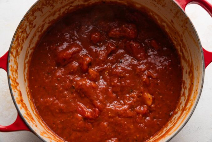 Soup base of canned whole tomatoes, frozen butternut squash, veggie stock, basil, and thyme.