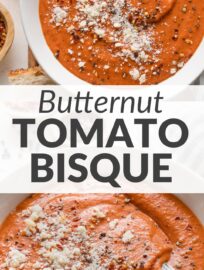 This creamy tomato butternut bisque is everything we love in a bowl of soup: it tastes rich and satisfying, yet every spoonful is packed full of vibrant vegetables. Just as important, it's quick and easy to make, with very little hands-on effort required. This is tomato soup, elevated, and a must try!