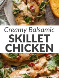 Creamy balsamic chicken with spinach tastes so elegant, you'll hardly believe it came together in one skillet and about 30 minutes. You'll crisp bacon, pan-fry tender chicken breasts, then whip up the most deliciously light balsamic cream sauce and tuck in a few dark leafy greens. This is the definition of restaurant-worthy at home!