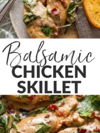 Creamy balsamic chicken with spinach tastes so elegant, you'll hardly believe it came together in one skillet and about 30 minutes. You'll crisp bacon, pan-fry tender chicken breasts, then whip up the most deliciously light balsamic cream sauce and tuck in a few dark leafy greens. This is the definition of restaurant-worthy at home!