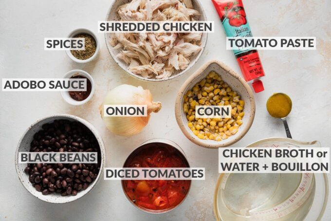 Labeled overhead photo of shredded rotisserie chicken, canned diced tomatoes, tomato paste, a yellow onion, frozen corn, black beans, adobo sauce, spices, water, and bouillon paste.