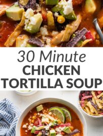 Chipotle chicken tortilla soup is the very definition of a soul-warming bowl that is full of rich broth, fragrant spices, juicy chicken, hearty black beans, and tender kernels of corn. Start with shredded rotisserie chicken for a one-pot, 30-minute meal you can count on.