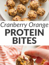 Cranberry orange protein balls are a no-bake, two-bite snack you can feel good devouring. They're packed with naturally-sweet dried cranberries, real orange juice and orange zest, cinnamon, ginger, chia seeds, and hearty old-fashioned oats. I love them for a semi-sweet treat after lunch or mid-afternoon!