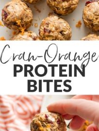 Cranberry orange protein balls are a no-bake, two-bite snack you can feel good devouring. They're packed with naturally-sweet dried cranberries, real orange juice and orange zest, cinnamon, ginger, chia seeds, and hearty old-fashioned oats. I love them for a semi-sweet treat after lunch or mid-afternoon!