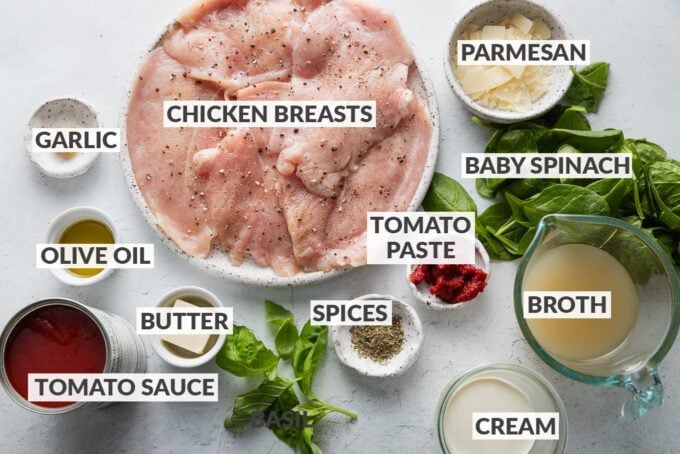 Labeled overhead view of chicken breasts seasoned with garlic powder, salt, and pepper; tomato sauce and tomato paste; fresh garlic; broth; cream, baby spinach; basil; Parmesan; and spices.