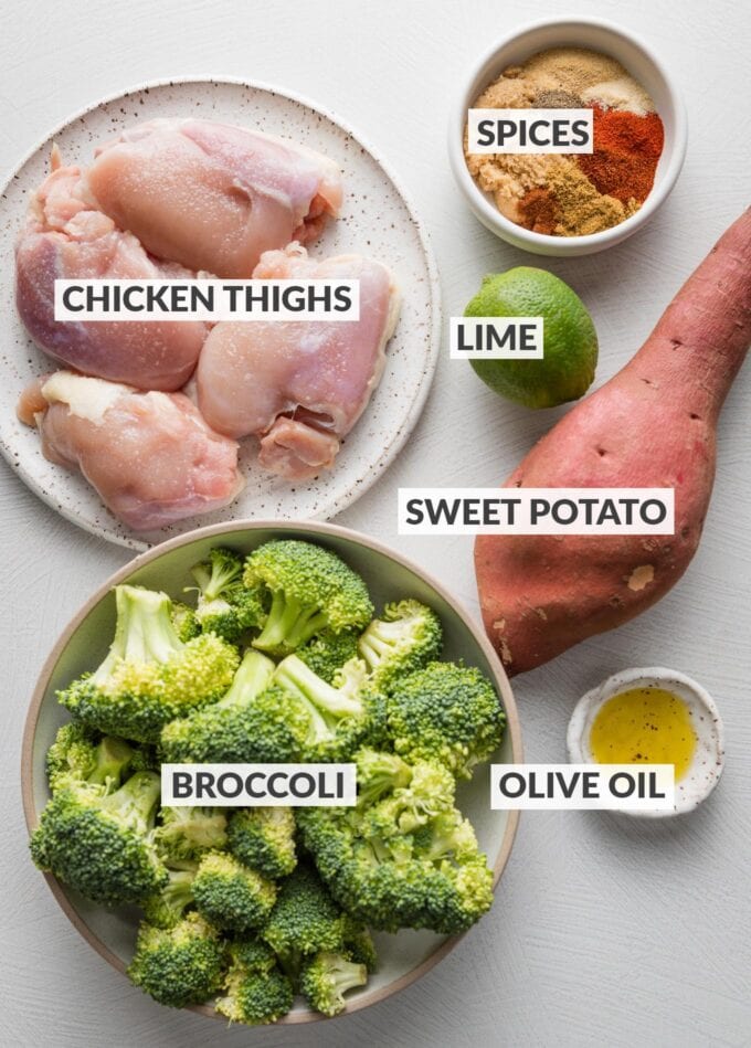 Labeled photo of ingredients for sheet pan chicken thighs with broccoli and sweet potato.