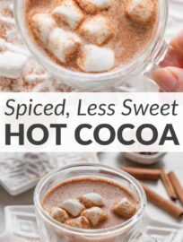 This spiced, less sweet homemade hot cocoa is easy to make with cocoa powder, vanilla, sea salt, and any milk that you like for a healthier version of the cold weather classic! It's aromatic, creamy, and ready in just 10 minutes for a treat everyone can enjoy.