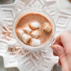 Woman's hand holding a small mug of spiced hot cocoa with marshmallows.