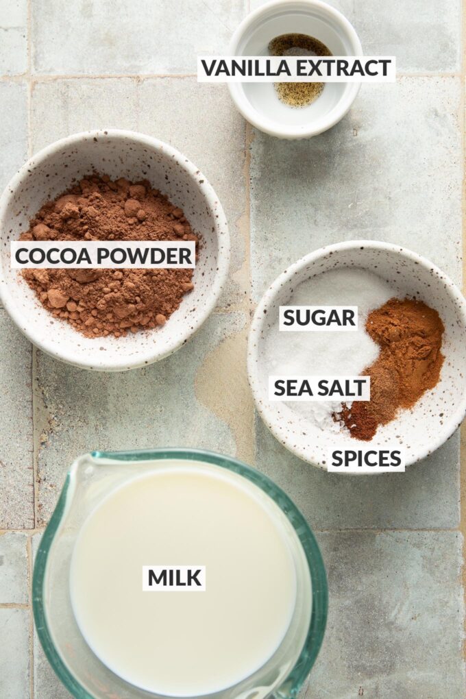 Labeled overhead photo of ingredients for a less sugary homemade hot cocoa.