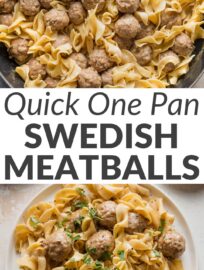 Make these "shortcut" Swedish meatballs with egg noodles whenever you need the coziest dinner in one pan and about 30 minutes. Tender beef meatballs simmer in a tasty homemade sauce and share the spotlight with thick ribbons of egg pasta. So satisfying and so easy!