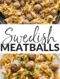 Make these "shortcut" Swedish meatballs with egg noodles whenever you need the coziest dinner in one pan and about 30 minutes. Tender beef meatballs simmer in a tasty homemade sauce and share the spotlight with thick ribbons of egg pasta. So satisfying and so easy!