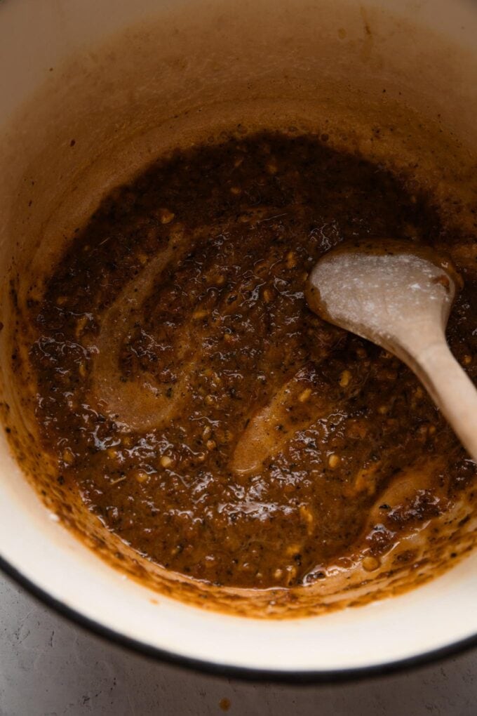 Roux with garlic and sun-dried tomato pesto included as the base of a soup.