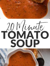 My flavorful and ultra-fast tomato soup is made from scratch in about 20 minutes but tastes extra-special thanks to a little pesto mixed in. Plus, a simple technique makes it creamy and rich without tons of dairy. The end result is the coziest soup to save your busy nights and accompany your stretchiest grilled cheese sandwiches.