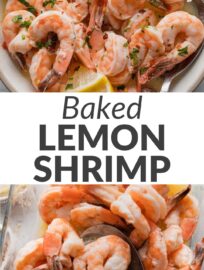 Oven-baked lemon garlic shrimp are the easy, delicious, hands-off dish with which we can all get on board. The shrimp turn out nice and juicy, and the simple sauce of butter, garlic, and fresh lemon contributes a bright flavor that goes with everything yet is big enough to stand alone. Serve over pasta, rice, steamed veggies, or a big salad for a flexible main you can prep in minutes.
