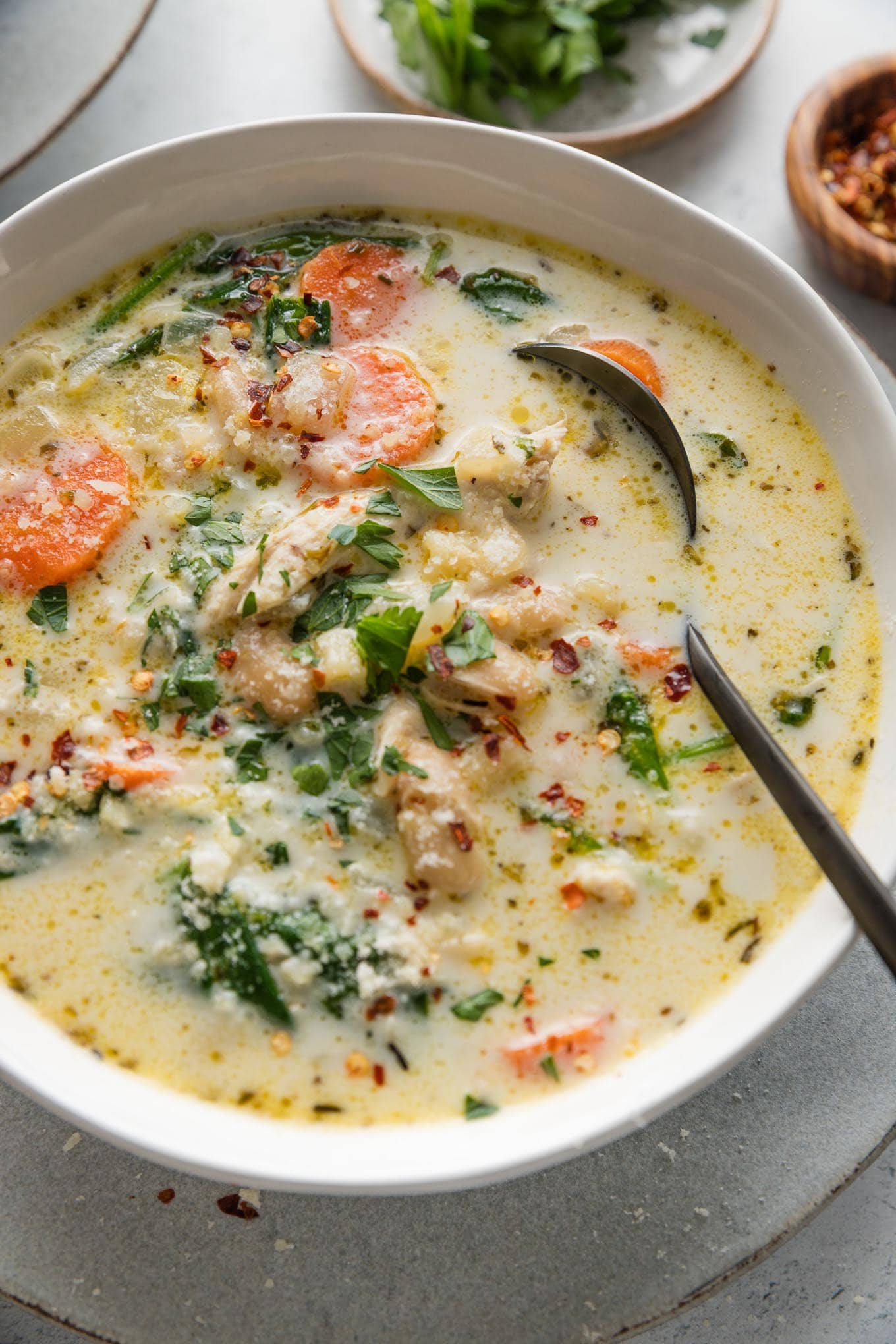 Close up of a bowl of creamy chicken soup with a rich yet light broth, carrots, onion, spinach, ditalini, and Cannellini beans.