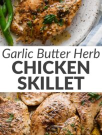 Garlic butter skillet chicken is an everyday, 15-minute solution for what to do with those chicken breasts that always seem to be in the fridge. Tender cutlets are seasoned generously with a spice mix featuring paprika and thyme, seared to create a beautiful golden crust, and finished with an ultra-quick pan sauce of butter, garlic, and honey.