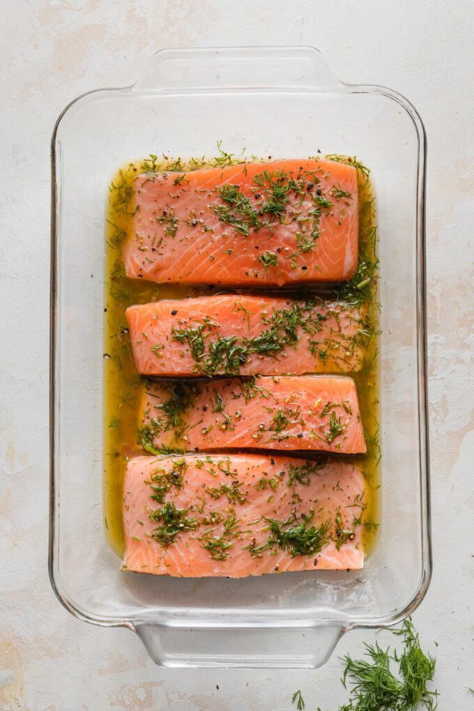 Shallow glass baking dish filled with salmon filets in a Greek dill marinade.