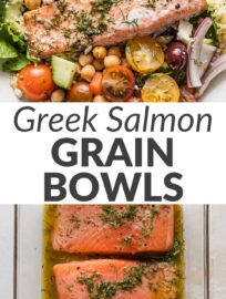 Put these colorful Greek salmon grain bowls on the menu when you crave a truly nourishing, vibrant, and flavorful meal. The same dressing that makes my Greek salad shine cleverly doubles as a marinade, so your salmon bakes up to flaky, flavorful perfection while your favorite grains and veggies are imbued with the most delightful fresh tang. These a fantastic meal prep or build-your-own-bowl family dinner.