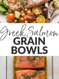 Put these colorful Greek salmon grain bowls on the menu when you crave a truly nourishing, vibrant, and flavorful meal. The same dressing that makes my Greek salad shine cleverly doubles as a marinade, so your salmon bakes up to flaky, flavorful perfection while your favorite grains and veggies are imbued with the most delightful fresh tang. These a fantastic meal prep or build-your-own-bowl family dinner.