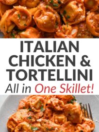 Italian chicken tortellini in a light tomato cream sauce is the one pan wonder you need in your life! Juicy bites of chicken breast and tender cheese-filled pasta cook right in with a simple homemade sauce infused with garlic, Parmesan, and Italian herbs. This easy meal packs in a lot of flavor for minimal effort—and easy dishwashing, too!