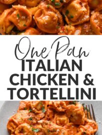 Italian chicken tortellini in a light tomato cream sauce is the one pan wonder you need in your life! Juicy bites of chicken breast and tender cheese-filled pasta cook right in with a simple homemade sauce infused with garlic, Parmesan, and Italian herbs. This easy meal packs in a lot of flavor for minimal effort—and easy dishwashing, too!