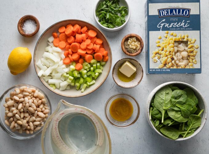 Flat lay photo of the ingredients for a white bean chicken soup with miniature gnocchi.