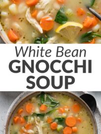 This 30-minute white bean soup with chicken and gnocchi is cozy, flavorful, and easy to make, since the gnocchi cook directly in the simmering broth. Each bowl packs in colorful veggies, tender miniature gnocchi, creamy white beans, hearty shredded chicken, and zippy bursts of lemon and herbs. Just the kind of one pot meal we all need!