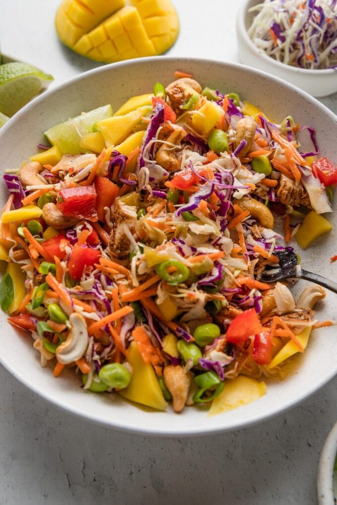 Fork tossing a generous Thai-inspired chopped salad with chicken, cabbage, carrots, cilantro, pepper, cashews, and sweet chili dressing.