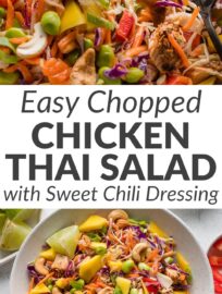 This Thai-inspired chopped chicken salad is basically my dream lunch: full of bright, contrasting flavors and textures; packed with a full rainbow of vegetables; and easy to assemble in a hurry. It intentionally skips a peanut dressing in favor of a sweet chili vinaigrette that just adds to all of this salad's vibrant flavors and light, crisp bites.