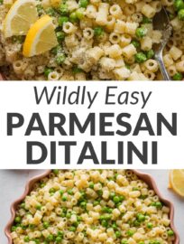 This ditalini with peas, Parmesan, and a hint of lemon and black pepper is simple and satisfying, perfect for a night when you just don't know what to make. We love how the very light sauce clings to tiny nubs of pasta and binds them to the tangy Parmesan. I serve this as a crowd-pleasing side or kid-friendly main, with any easy protein and a little extra lemon zest to dress it up for the adults.