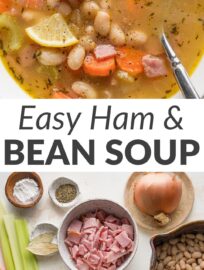 Simmer a pot of this super easy ham and white bean soup recipe to use up leftover ham in the most satisfying way. It's a delicious combination of creamy white beans, flavorful pork, tender veggies, and everyday seasonings, given a little extra body by a very simple roux. The end result is a cozy dinner that's quick and easy to make on the stovetop!