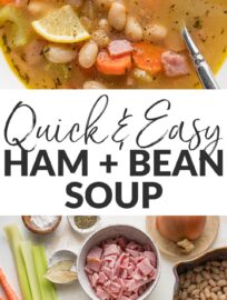 Simmer a pot of this super easy ham and white bean soup recipe to use up leftover ham in the most satisfying way. It's a delicious combination of creamy white beans, flavorful pork, tender veggies, and everyday seasonings, given a little extra body by a very simple roux. The end result is a cozy dinner that's quick and easy to make on the stovetop!