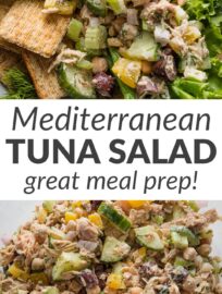 This lighter tuna salad is made with Greek yogurt, fresh dill, and plenty of olives for a decidedly fresh and Mediterranean-inspired twist on the classic. I love that it's easy to whip up as a flavorful, nourishing, no-cook lunch or dinner. Serve in a sandwich, with crackers, on greens, or with crunchy veggies for an all-around pleasing plate.