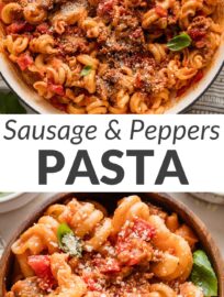 A bowl of this quick sausage and peppers pasta is satisfying, flavorful, and supremely easy to make. Crumbled Italian sausage, sweet peppers, tender onions, tomatoes, and garlic all mingle together and wrap up al dente pasta to create the perfect cozy weeknight dinner! It's a classic combo made restaurant-worthy in about 25 minutes.