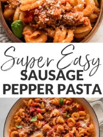 A bowl of this quick sausage and peppers pasta is satisfying, flavorful, and supremely easy to make. Crumbled Italian sausage, sweet peppers, tender onions, tomatoes, and garlic all mingle together and wrap up al dente pasta to create the perfect cozy weeknight dinner! It's a classic combo made restaurant-worthy in about 25 minutes.