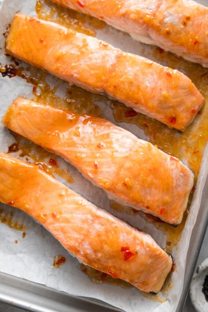 Roasted salmon filets glazed and removed from the oven.