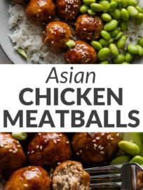 Easy Asian-inspired chicken meatballs are a family favorite and so simple to make for a quick dinner. I love that the meatballs are made with everyday ingredients and bake in the oven for a truly low-maintenance meal. Meanwhile, the most delicious sweet and sticky glaze simmers on the stovetop until you're ready to coat the meatballs and serve.