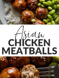 Easy Asian-inspired chicken meatballs are a family favorite and so simple to make for a quick dinner. I love that the meatballs are made with everyday ingredients and bake in the oven for a truly low-maintenance meal. Meanwhile, the most delicious sweet and sticky glaze simmers on the stovetop until you're ready to coat the meatballs and serve.