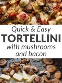 This simple recipe dresses up cheese tortellini with crisp bacon and tender pan-fried mushrooms for a meal with lots of flavor you can make in a hurry. A bit of thyme or another fresh herb is the perfect finishing touch, and the whole thing is done in about 30 minutes.