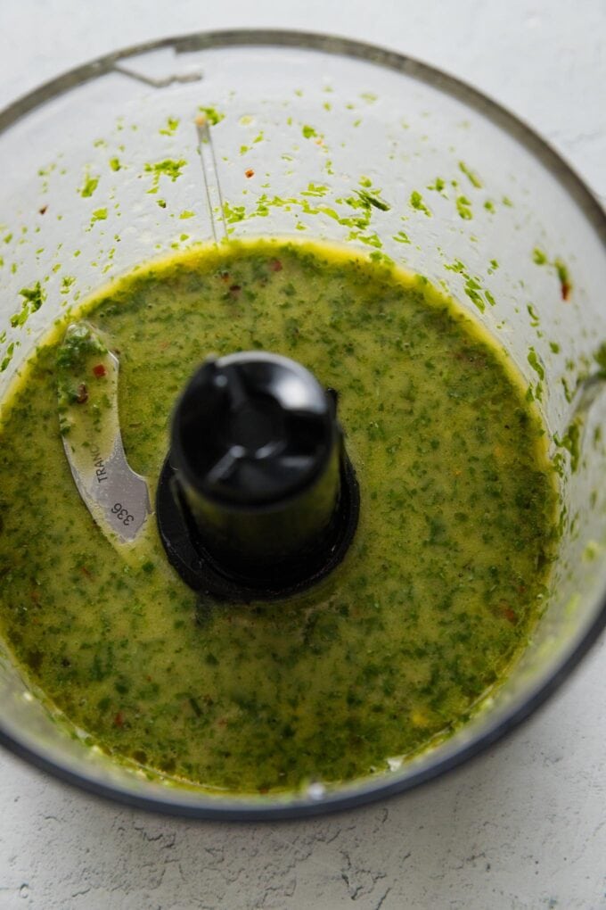Blended basil vinaigrette.