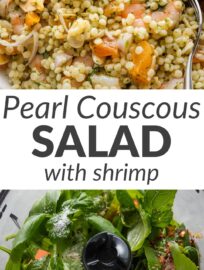 This pearl couscous salad with shrimp has sweet dried apricots, crunchy almonds, and tangy shallots all tossed with a fresh and light basil vinaigrette. It keeps well and tastes great chilled, so I find it extra appealing for any week when you want to treat yourself to a tasty meal you can grab from the fridge and go.
