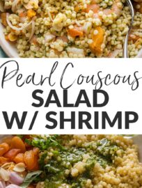 This pearl couscous salad with shrimp has sweet dried apricots, crunchy almonds, and tangy shallots all tossed with a fresh and light basil vinaigrette. It keeps well and tastes great chilled, so I find it extra appealing for any week when you want to treat yourself to a tasty meal you can grab from the fridge and go.
